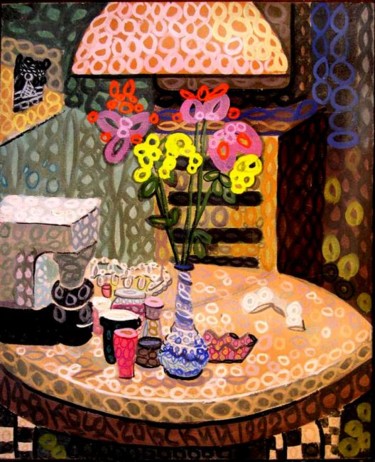 Картина под названием "цветы и кофеварка *…" - Yuri Kossagovsky, Подлинное произведение искусства, Масло