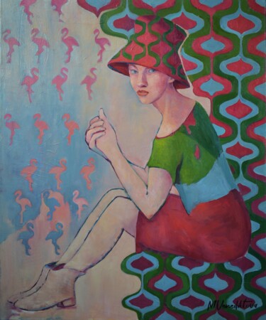 Painting titled "FLAMINGO VACATION -…" by Marina Venediktova, Original Artwork, Oil Mounted on Wood Stretcher frame