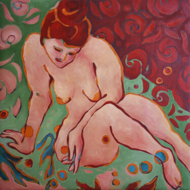 Malerei mit dem Titel "WOMAN PLANTING FLOW…" von Marina Venediktova, Original-Kunstwerk, Öl Auf Keilrahmen aus Holz montiert