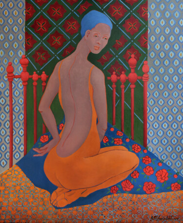 Painting titled "Roses on blue silk" by Marina Venediktova, Original Artwork, Oil Mounted on Wood Stretcher frame