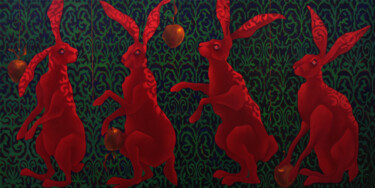 Pittura intitolato "Red rabbits collect…" da Marina Venediktova, Opera d'arte originale, Olio Montato su Telaio per barella…