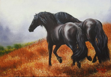 Painting titled "Caballos salvajes" by Marina Viñoly Apaolaza, Original Artwork, Oil Mounted on Other rigid panel