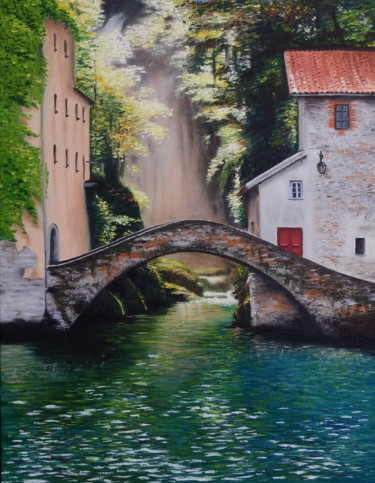 Malerei mit dem Titel "Nesso, Lago di Como" von Marina Viñoly Apaolaza, Original-Kunstwerk, Öl Auf Andere starre Platte mont…