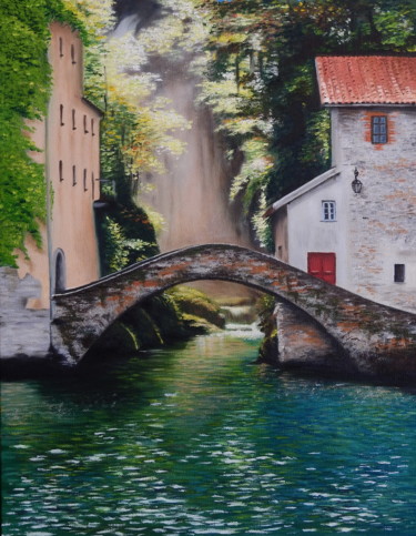 Pittura intitolato "Nesso, Lago di Como" da Marina Viñoly Apaolaza, Opera d'arte originale, Olio Montato su Altro pannello r…