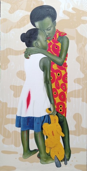 Painting titled "Enfance violée" by David Mwayila, Original Artwork, Oil