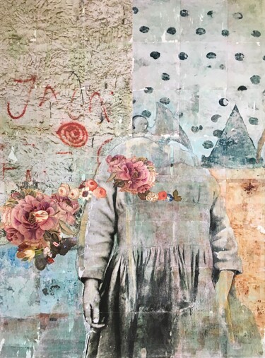 Collages getiteld "Girl with Flowers" door Marian Williams, Origineel Kunstwerk, Collages Gemonteerd op Frame voor houten br…