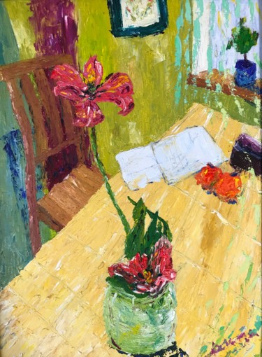 Картина под названием "Цветок и стул" - Dmitriy Myasoedov, Подлинное произведение искусства, Масло Установлен на картон