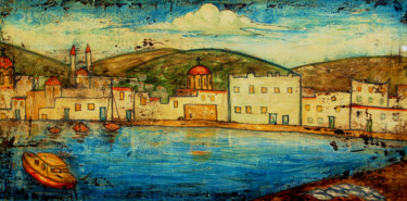 Painting titled "Island port" by Myfolkart Paintings, Original Artwork, Acrylic