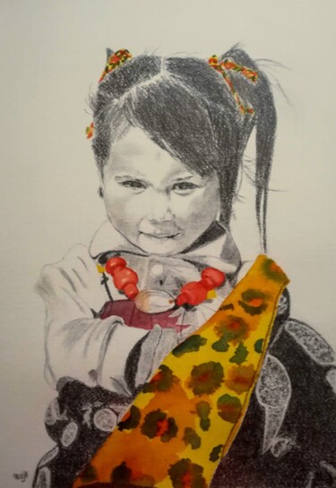 Peinture intitulée "Fillette tibétaine" par Myind, Œuvre d'art originale, Crayon
