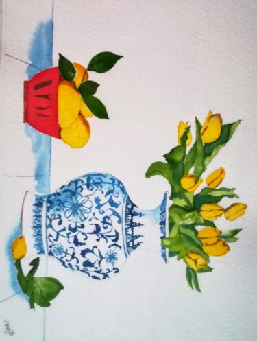 Painting titled "Tulipes jaunes et c…" by Myind, Original Artwork, Watercolor