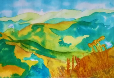 Peinture intitulée "Montagnes du Cantal" par Myind, Œuvre d'art originale, Aquarelle