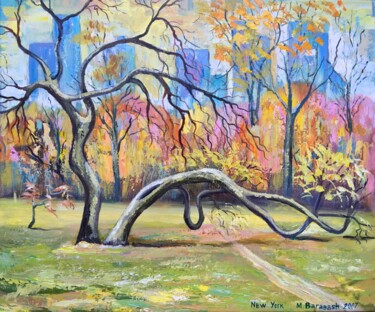 Painting titled "Autumn in Central P…" by Mykhaylo Barabash, Original Artwork, Acrylic Mounted on Wood Stretcher frame