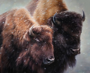 Картина под названием "Wild Buffaloes" - Mykola Kaftan, Подлинное произведение искусства, Масло