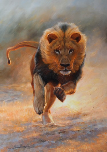 Painting titled "Lion running" by Mykola Kaftan, Original Artwork, Oil