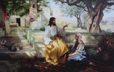 Картина под названием "Christ at Martha an…" - Mykola Kaftan, Подлинное произведение искусства, Масло