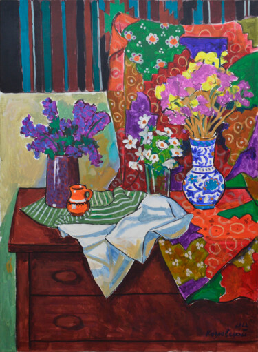 Painting titled "Still life with spr…" by Mykola Kozlovskyi, Original Artwork, Acrylic Mounted on Other rigid panel