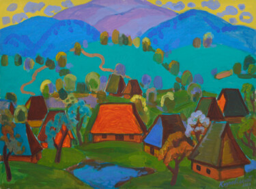 Картина под названием "Mountain village" - Mykola Kozlovskyi, Подлинное произведение искусства, Акрил