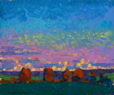 Painting titled "The evening sky" by Mykola Kozlovskyi, Original Artwork, Oil Mounted on Cardboard