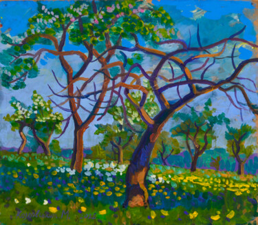 Картина под названием "Apple orchard" - Mykola Kozlovskyi, Подлинное произведение искусства, Масло Установлен на картон
