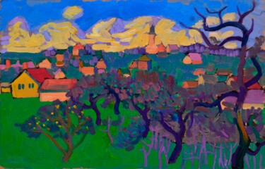 Pintura intitulada "Spring in Stanylia" por Mykola Kozlovskyi, Obras de arte originais, Óleo Montado em Cartão
