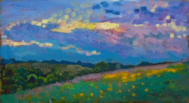 Pintura intitulada "Evening landscape" por Mykola Kozlovskyi, Obras de arte originais, Óleo Montado em Cartão