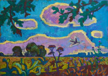 Pintura titulada "Landscape with a bi…" por Mykola Kozlovskyi, Obra de arte original, Oleo Montado en Cartulina