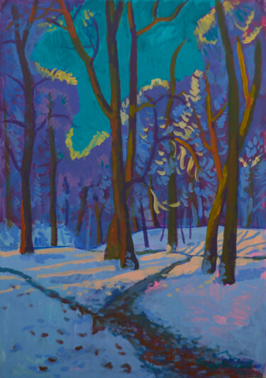 Картина под названием "The first snow in I…" - Mykola Kozlovskyi, Подлинное произведение искусства, Акрил