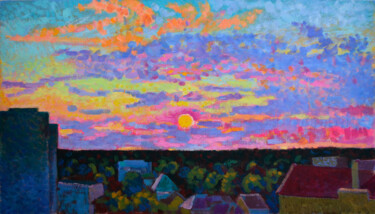 Peinture intitulée "Sunset in new Lviv." par Mykola Kozlovskyi, Œuvre d'art originale, Huile Monté sur Châssis en bois