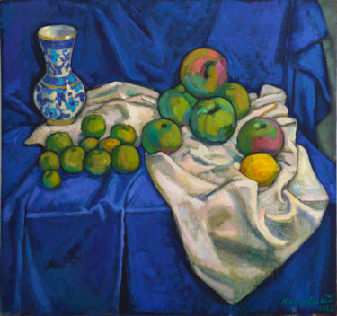 Peinture intitulée "Apples on a blue ba…" par Mykola Kozlovskyi, Œuvre d'art originale, Huile