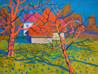 Malerei mit dem Titel "Houses and trees. L…" von Mykola Kozlovskyi, Original-Kunstwerk, Acryl