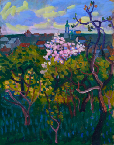 Pittura intitolato "Orchard, spring" da Mykola Kozlovskyi, Opera d'arte originale, Olio Montato su Cartone