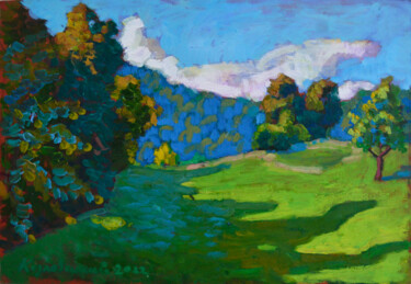 Painting titled "In the mountains" by Mykola Kozlovskyi, Original Artwork, Oil Mounted on Cardboard