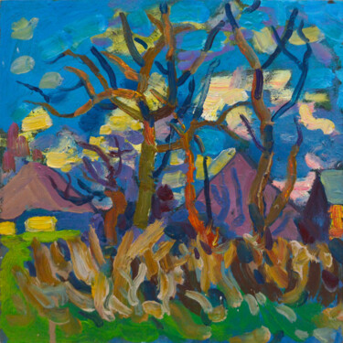 Painting titled "Trees and dry grass…" by Mykola Kozlovskyi, Original Artwork, Oil