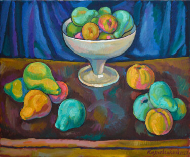 Painting titled "Apples and pears on…" by Mykola Kozlovskyi, Original Artwork, Oil