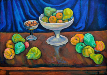 Painting titled "Apples and pears on…" by Mykola Kozlovskyi, Original Artwork, Oil Mounted on Wood Stretcher frame
