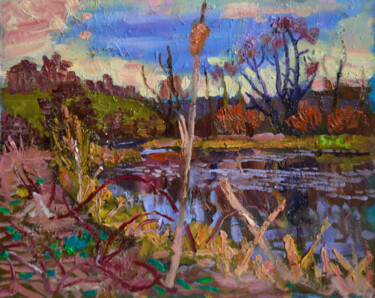 Malerei mit dem Titel "Lake in early spring" von Mykola Kozlovskyi, Original-Kunstwerk, Öl