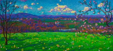 Pittura intitolato "Spring. apple bloss…" da Mykola Kozlovskyi, Opera d'arte originale, Acrilico