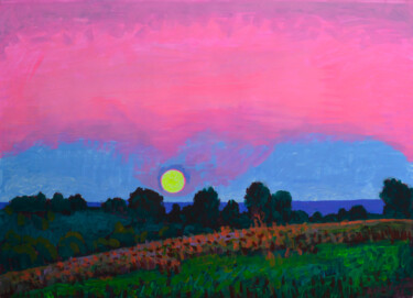 Pintura intitulada "Sunset with a pink…" por Mykola Kozlovskyi, Obras de arte originais, Acrílico