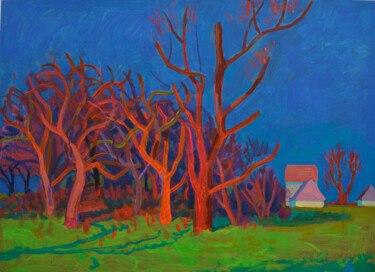 Schilderij getiteld "Red orchard" door Mykola Kozlovskyi, Origineel Kunstwerk, Acryl