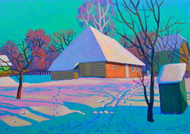 Pittura intitolato "Winter landscape wi…" da Mykola Kozlovskyi, Opera d'arte originale, Acrilico