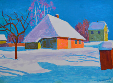 Painting titled "Winter landscape wi…" by Mykola Kozlovskyi, Original Artwork, Acrylic