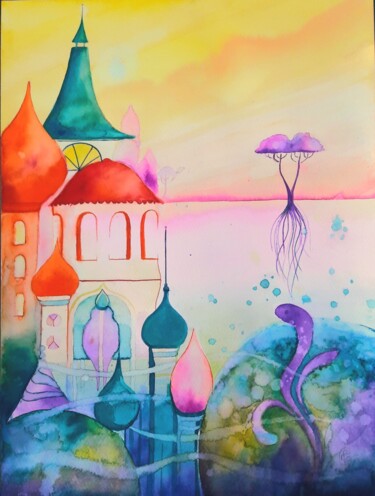 Painting titled "Under the sea" by Mylène Goyat, Original Artwork, Watercolor Mounted on Other rigid panel
