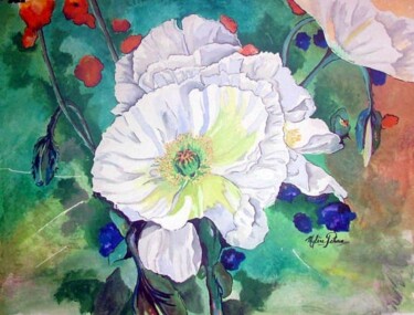 Pintura intitulada "Pavot Blanc" por Mylene Pehoua Épse Rouze, Obras de arte originais, Aquarela