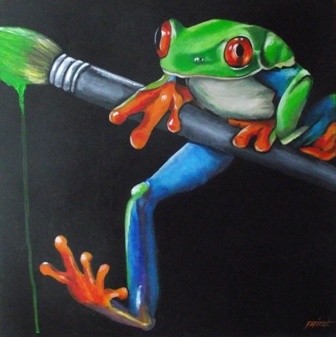 Pintura intitulada "grenouille peintre" por Mylenecab, Obras de arte originais, Óleo