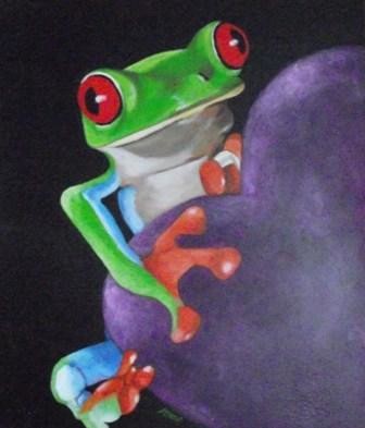 Painting titled "Grenouille amoureuse" by Mylenecab, Original Artwork, Oil