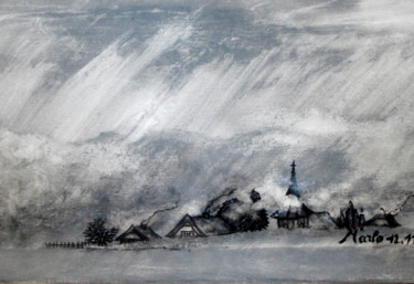 Peinture intitulée "village-sous-la-nei…" par Marianne Charlotte Mylonas-Svikovsky (Marlo), Œuvre d'art originale, Encre