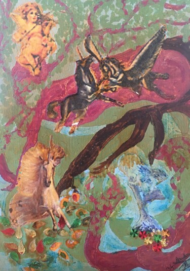 Collages getiteld "Combat de licorne m…" door Audran, Origineel Kunstwerk, pigmenten