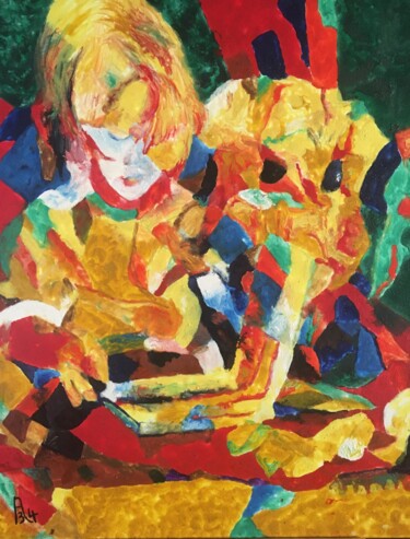 Pittura intitolato "L'enfant et son chi…" da Audran, Opera d'arte originale, pigmenti