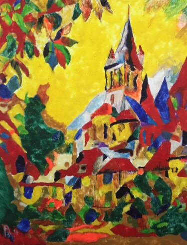 Pittura intitolato "Un village dans la…" da Audran, Opera d'arte originale, pigmenti