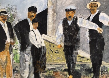 Painting titled "La partie de pétanq…" by Audran, Original Artwork, Pigments Mounted on Wood Panel